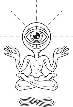Yogi with Open Eye. Tattoo Stencil in Minimalistic Engraving Style. Vector Illustration