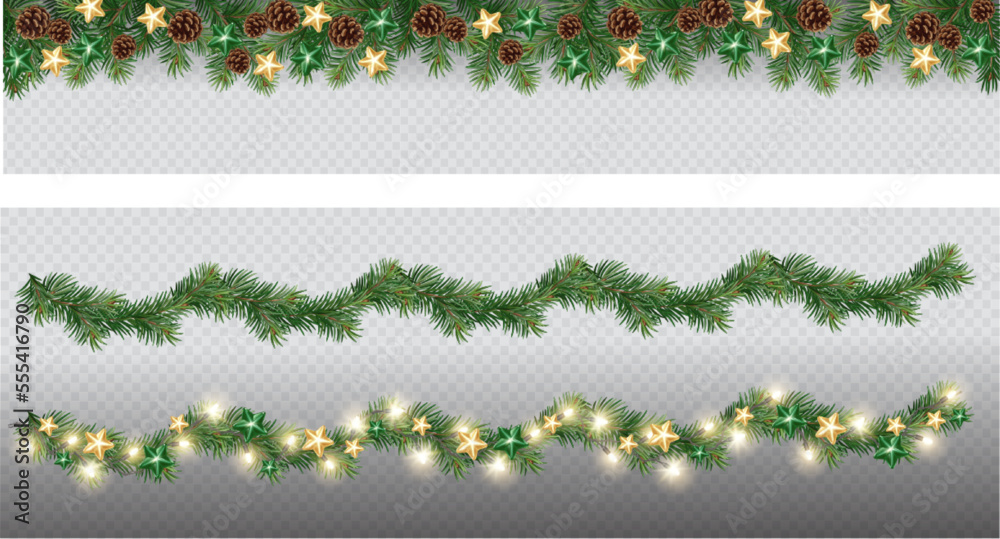 Wall mural vector border with green fir branches and with festive decoration elements on transparent background