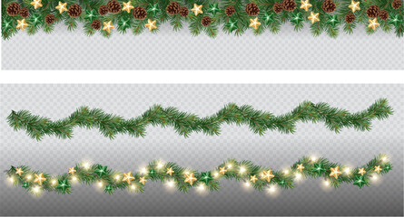 Vector border with green fir branches and with festive decoration elements on transparent background. Christmas tree garland with fir branches and lights