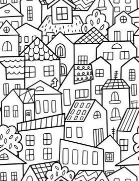 Doodle vector seamless pattern with various houses isolated on a white background. Can be used for coloring books, card,s and wallpaper. © savvalinka