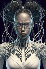 A cyborg woman with wires from her torso.