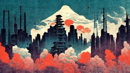 Fototapeta premium Future city, modern, retro, traditional and classic Japanese Ukiyo-e style design elements in the style of Katsushika Hokusai with the texture of Japanese paper generated by Ai