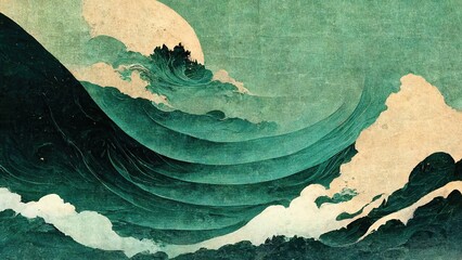 Emerald green dynamic wave, Japanese paper texture Katsushika Hokusai style modern retro traditional classic Japanese ukiyoe style design element generated by Ai - obrazy, fototapety, plakaty