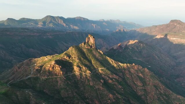 Aerial drone view of the roque nublo. volcanic landscape of Gran Canaria, Canary Islands Spain
