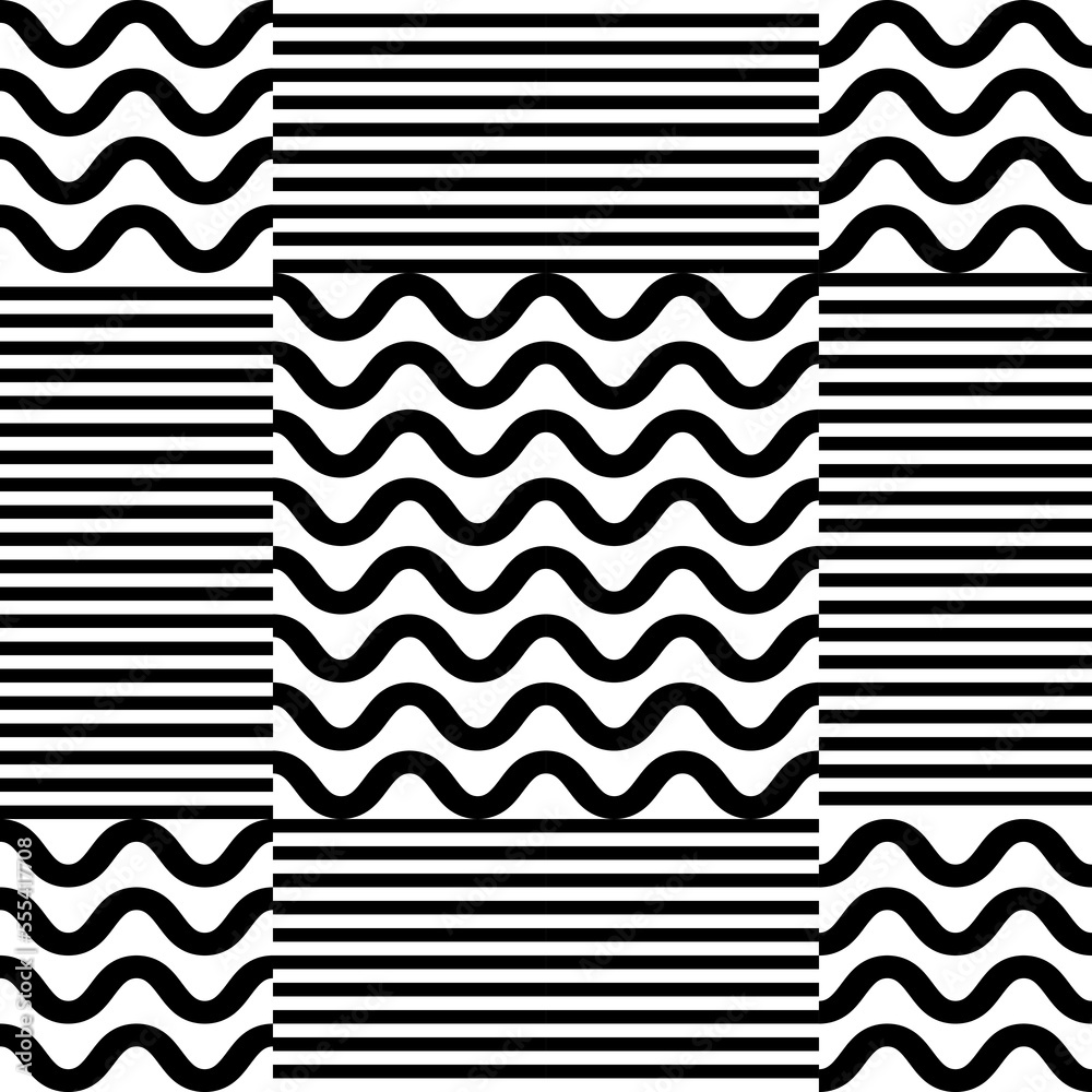 Poster Modern abstract geometric contemporary vector seamless pattern with simple elements and shapes. Graphic black and white minimalist background.