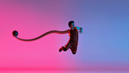 Contemporary art collage. Creative design. Sportive man, basketball player in motion, training over gradient pink blue background in neon