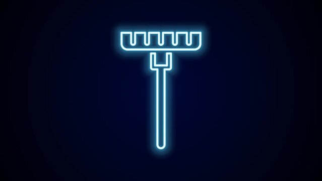 Glowing neon line Garden rake icon isolated on black background. Tool for horticulture, agriculture, farming. Ground cultivator. Housekeeping equipment. 4K Video motion graphic animation