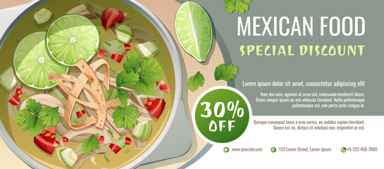 Discount voucher, mexican food template design. Coupon with lime soup and tomatoes. Banner, poster, flyer, advertising for a restaurant