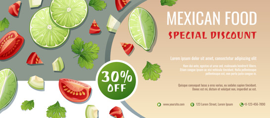 Discount voucher, mexican food template design. Coupon with lime and tomatoes. Banner, poster, flyer, advertising for a restaurant