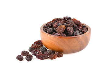 Dried raisins in bowl isolated on white background