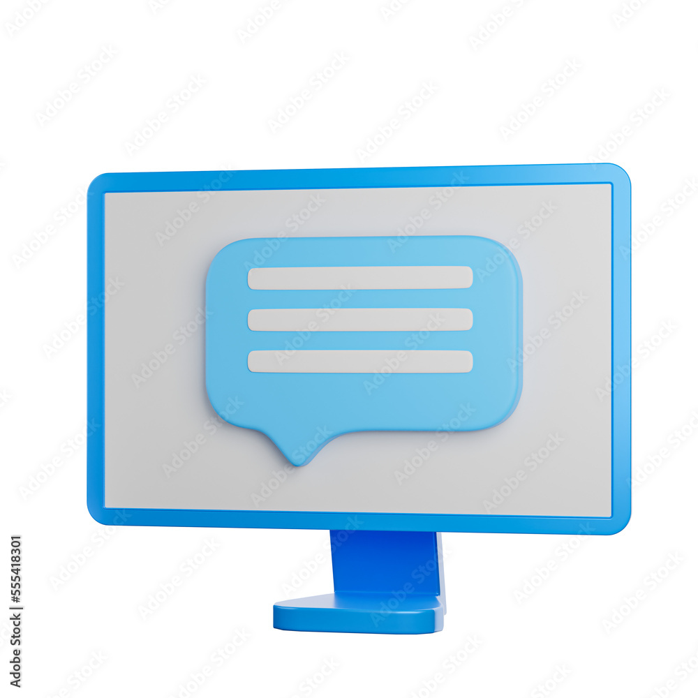 Poster 3d illustrations a computer with a bubble text. 3d icon isolate background. 3d rendering illustratio