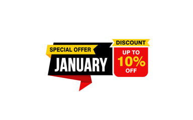 10 Percent JANUARY discount offer, clearance, promotion banner layout with sticker style.