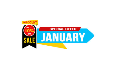 10 Percent JANUARY discount offer, clearance, promotion banner layout with sticker style.