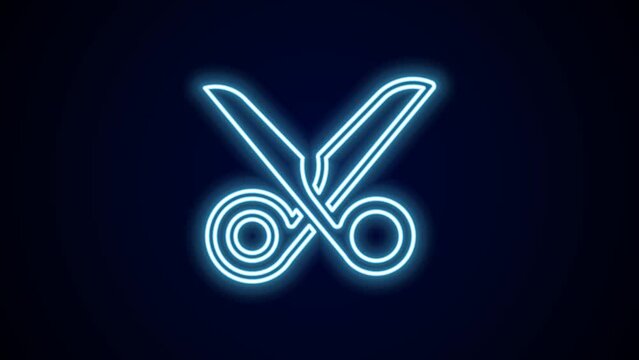 Glowing neon line Scissors icon isolated on black background. Cutting tool sign. 4K Video motion graphic animation