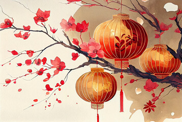 Chinese new year traditional watercolor illustration painting sumi-e with red paper lanterns and blooming tree in flowers generative AI art - 555419512