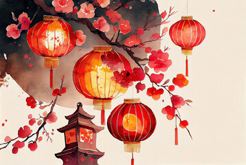 Chinese new year traditional watercolor illustration painting sumi-e with red paper lanterns and blooming tree in flowers generative AI art