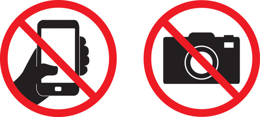 Fotografía y señal de prohibición de uso de teléfonos inteligentes. Icono vector