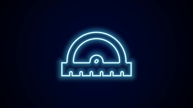 Glowing neon line Protractor grid for measuring degrees icon isolated on black background. Tilt angle meter. Measuring tool. Geometric symbol. 4K Video motion graphic animation