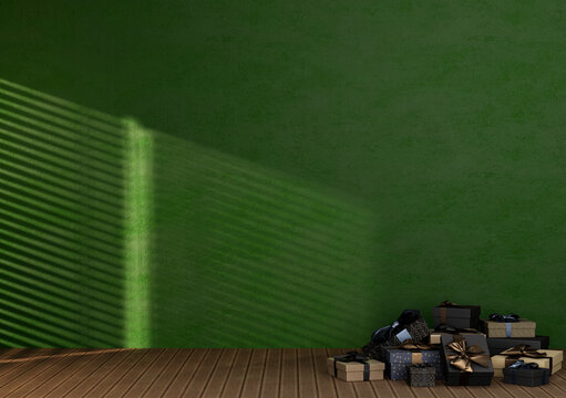 Empty Room Green Color Wall With Christmas Gift Bo