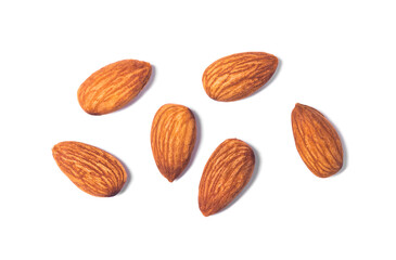 Top view almonds nut isolated on white background.