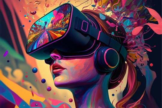Woman with VR headset exploring the metaverse. Generative ai