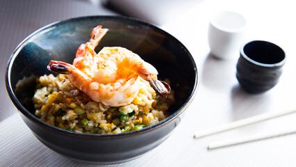 Asian combo plate with premium shrimps served with rice or noddles.