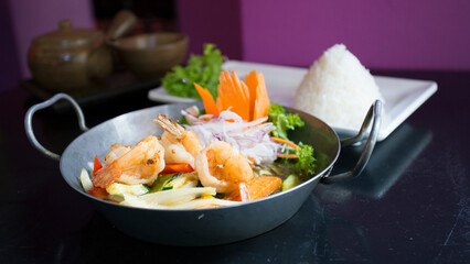 Asian combo plate with premium shrimps served with rice or noddles.