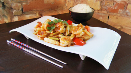 Asian combo plate with premium shrimps served with rice or noddles.
