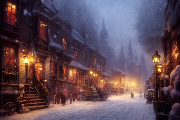 Fototapeta na wymiar Snowy street with Christmas trees and lights. 