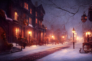 Snowy street with Christmas trees and lights.	