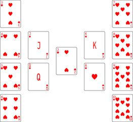 Playing cards. Hearts are red. Vector illustration.