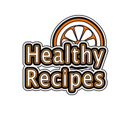 Healthy Recipes, label with slice of orange illustration, isolated on white background