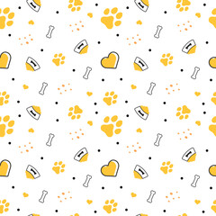 Colorful dog bowl seamless pattern bone, food and polka dot with cute heart cat and dog paw pet scarf isolated prints pattern background