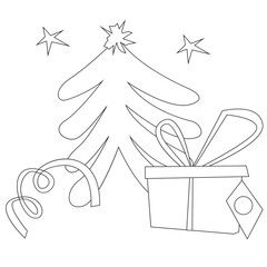 Tree and Gift New Year Outline 2D Illustration