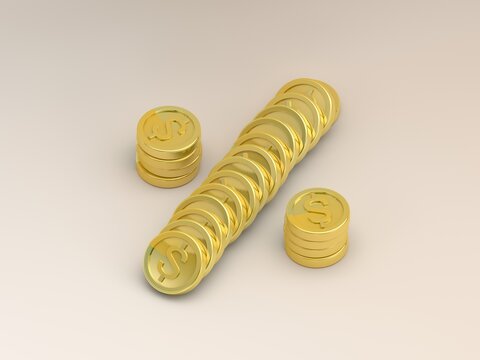 3D Gold coins sorted by percentage. The concept of good interest percentage. Interest free. Return. Investment, money management. financial credit banking