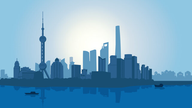 city skyline shanghai silhouette bleu