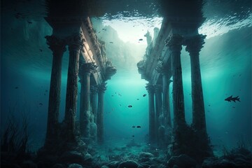Old temple ruins with weathered columns on sea bottom. Destroyed ancient city hidden by water. Generative AI - obrazy, fototapety, plakaty