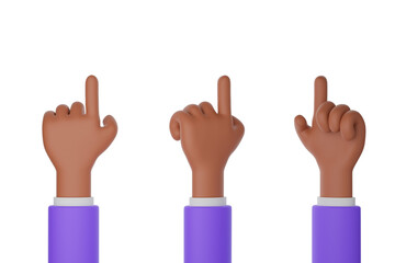 Set of cartoon character black hand pointing at something or push touch screen on isolated background. Clipping path. Blue suit, 3d render illustration