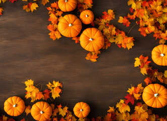 Naklejka na ściany i meble Illustration of autumn leaves and pumpkins outdoors, generative ai