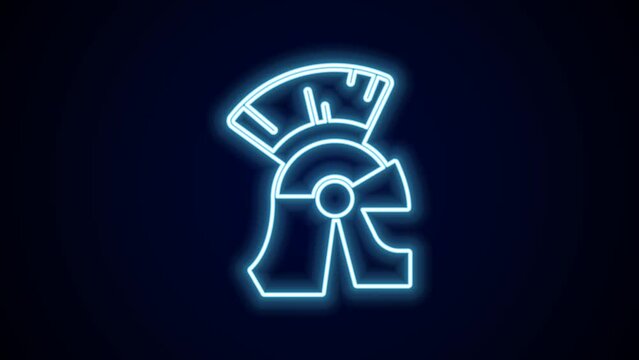 Glowing neon line Roman army helmet icon isolated on black background. 4K Video motion graphic animation