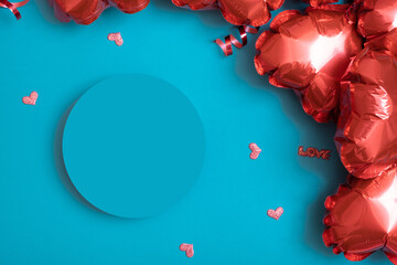 Podium or pedestal and gift box with red heart shape baloons on turquoise background. Valentines Day temlate