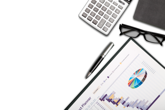 Office analysis chart or graph, pen, eyeglass and calculator. Working desk table concept.