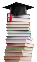 Stack school books with a black graduation hat