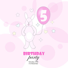 A postcard, an invitation to a birthday party with a pink bunny and a balloon and the number 5. Vector illustration