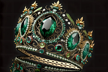 A precious crown with emeralds, a royal decoration.