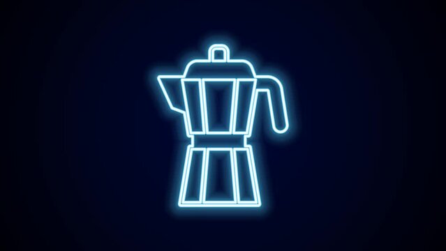 Glowing neon line Coffee maker moca pot icon isolated on black background. 4K Video motion graphic animation