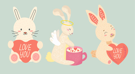 Fototapeta premium set of cute different rabbit with heart and cup on isolated background
