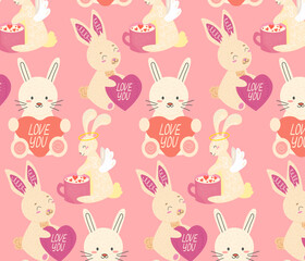 pattern cute different rabbit with heart and cup on isolated background