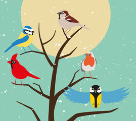 Garden birds on tree in snow illustration