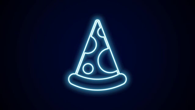 Glowing neon line Slice of pizza icon isolated on black background. Fast food menu. 4K Video motion graphic animation
